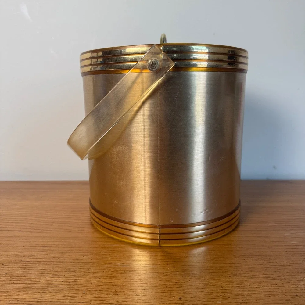 Vintage Mid Century‎ Gold Brushed Metal Ice Bucket with Lid Tongs Made in USA